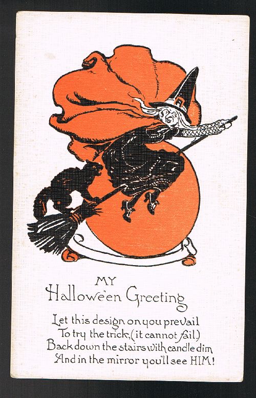 Image for Witch & Cat on Broomstick Halloween Postcard