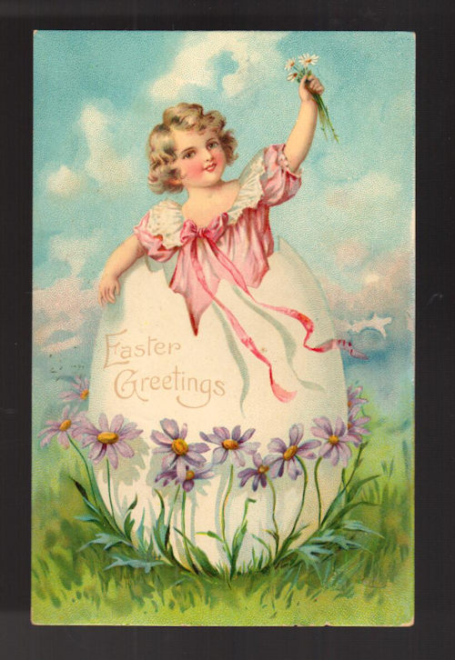 Easter Greetings Postcard - Pretty Girl Climbing Out of Egg