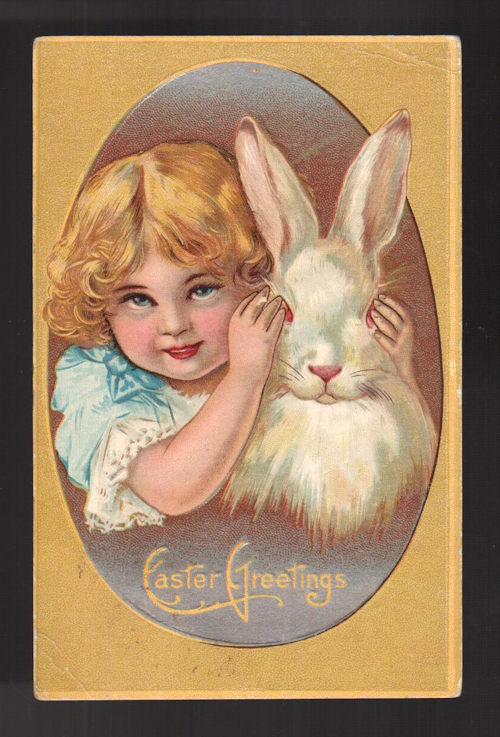 Easter Embossed Greetings Postcard - Pretty Girl Hiding Eyes of Giant White Rabbit