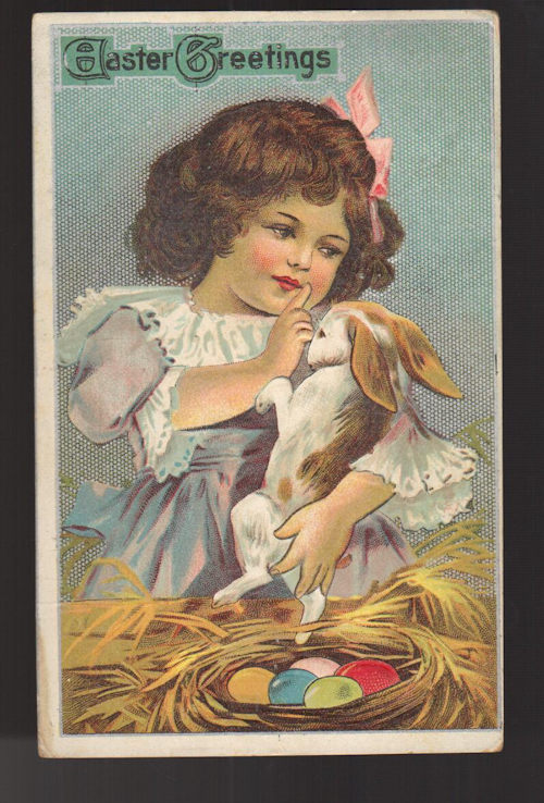 Easter Embossed Greetings Postcard - Pretty Girl Shushing Rabbit